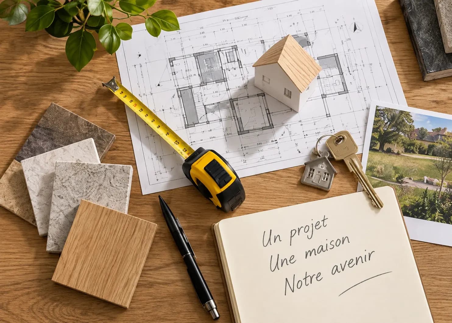 Plans de maison, mètre ruban, échantillons de matériaux et carnet sur une table