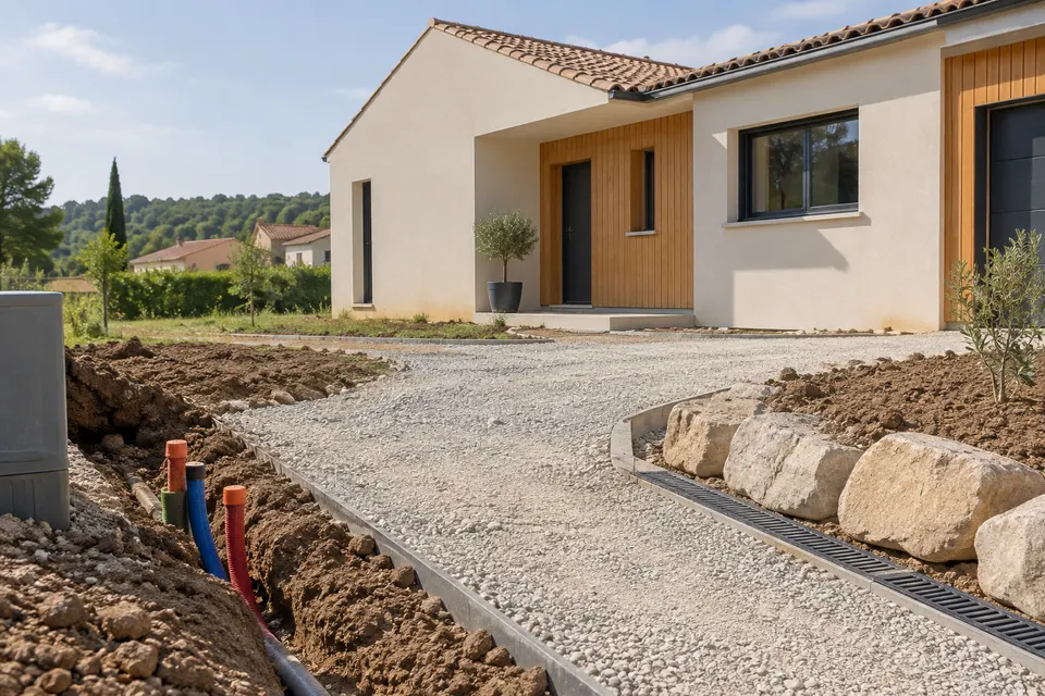 Accès, raccordements et drainage autour d’une maison neuve