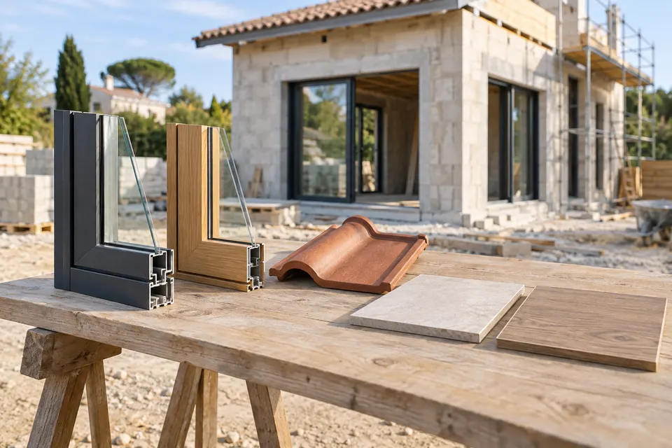 Fenêtres et matériaux de finition comparés devant un chantier