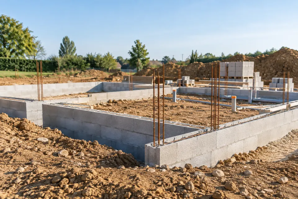 Fondations et premiers murs d’une maison en chantier