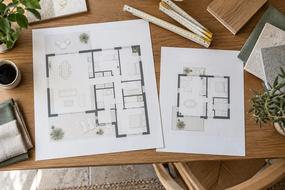 Deux plans de maisons de tailles différentes sur une table d’architecte