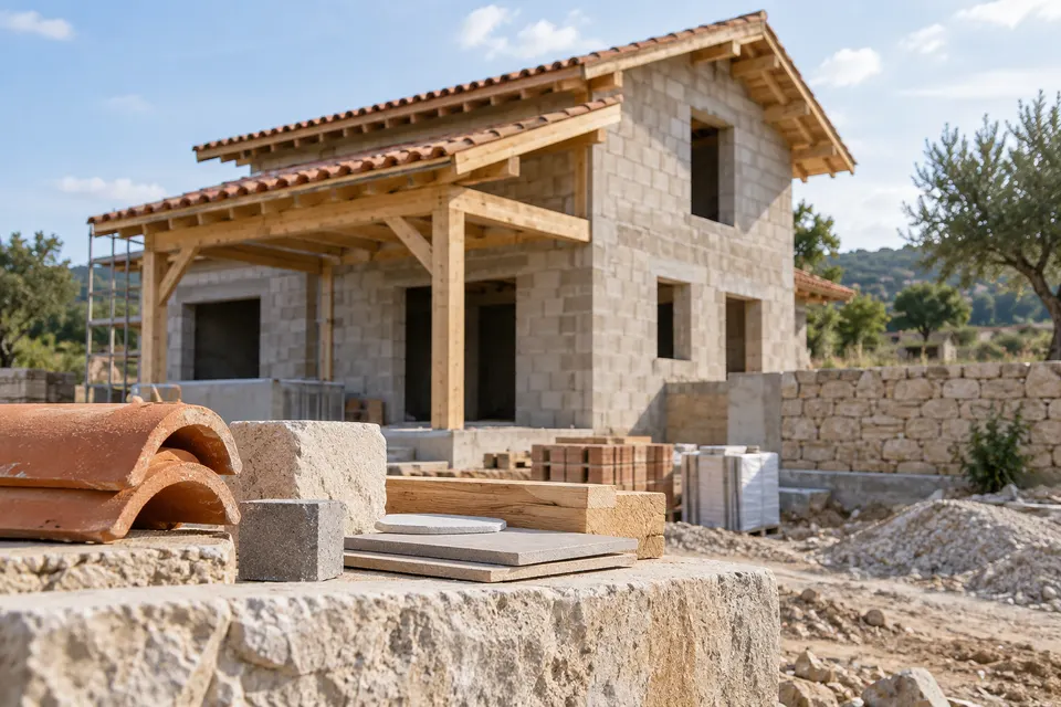 Maison en construction et échantillons de matériaux pour le dossier « Taxes et contributions liées au projet »