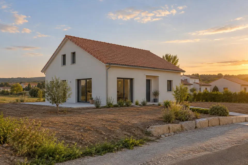 Maison individuelle neuve presque terminée sur son terrain