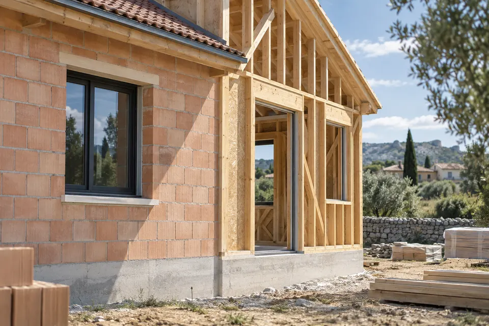 Deux modes constructifs, maçonnerie en briques et ossature bois, sur un chantier