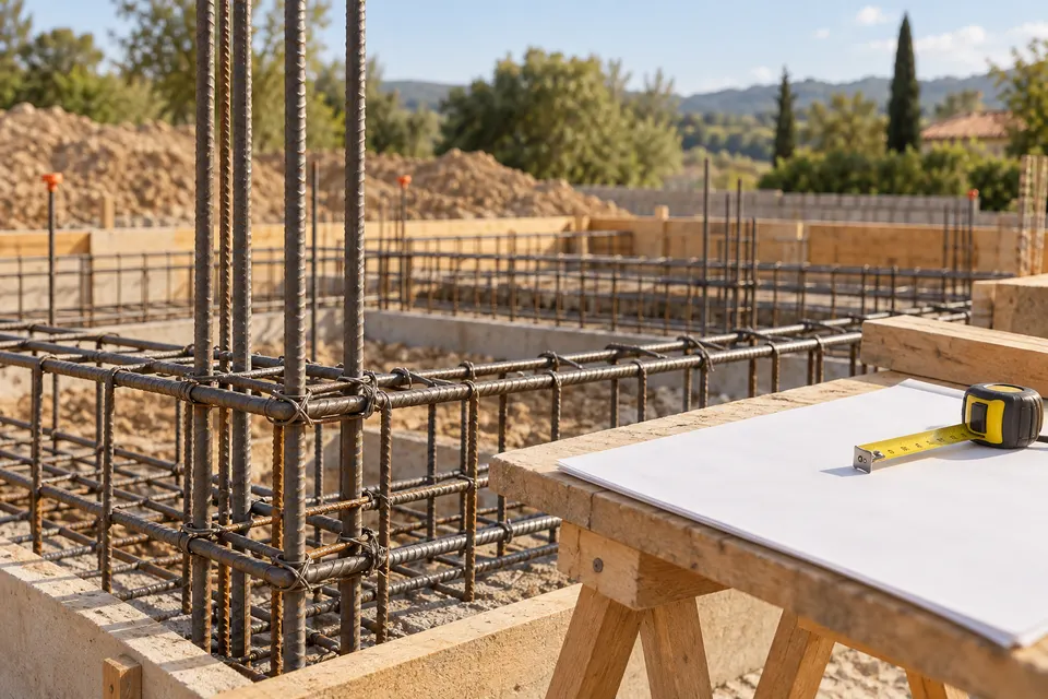 Ferraillage de fondation avant coulage, mètre ruban et plan posés sur un tréteau