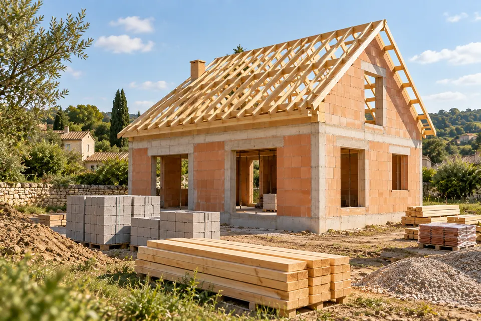 Maison à mi-chantier avec charpente et matériaux rangés