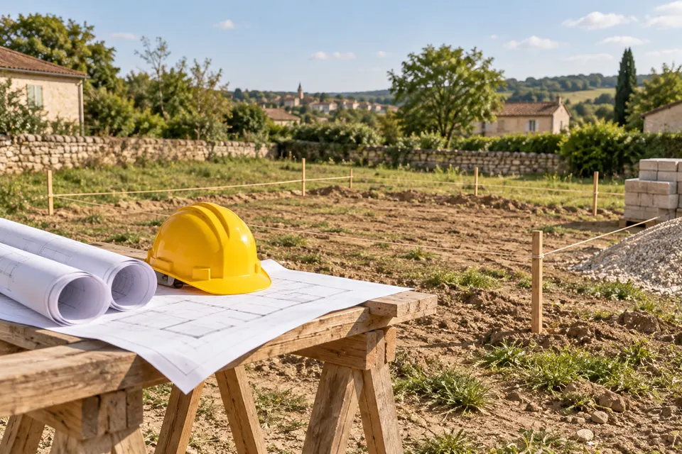Terrain balisé avec plans et casque avant chantier