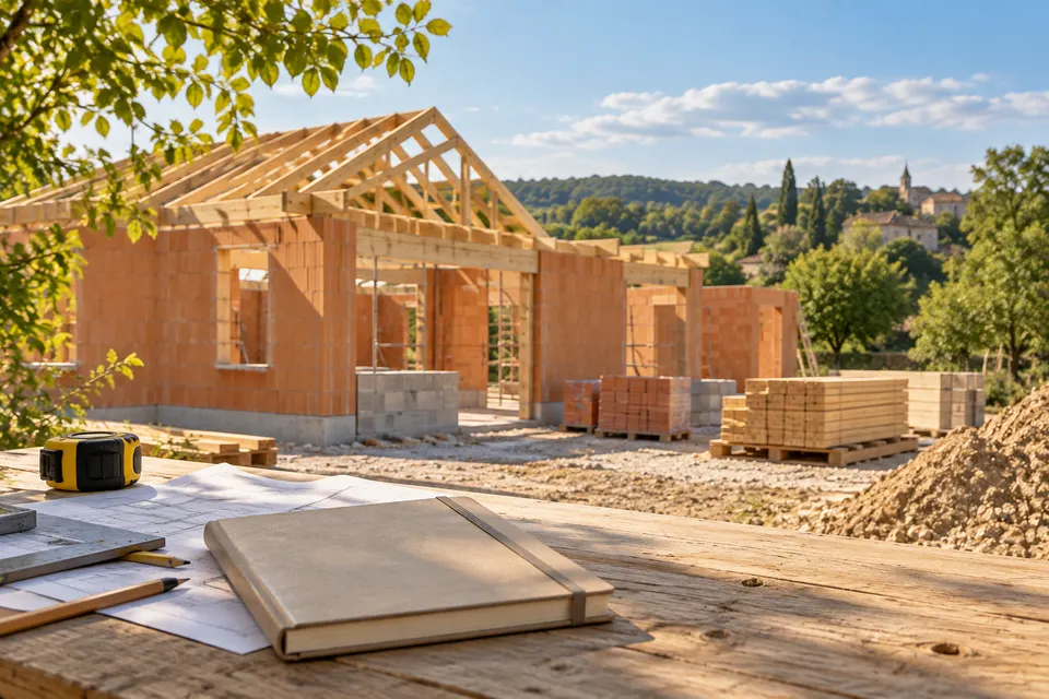 Chantier de maison aux murs en élévation, carnet de suivi posé sur une table de chantier