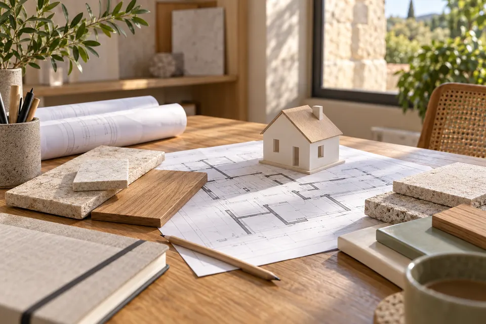Plans, maquette et matériaux sur une table de consultation pour le dossier « Avis, réclamations et réputation »
