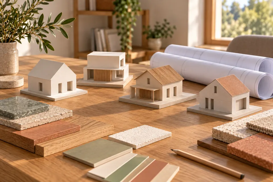 Plans, maquette et matériaux sur une table de consultation pour le dossier « Comparer les modes de réalisation »