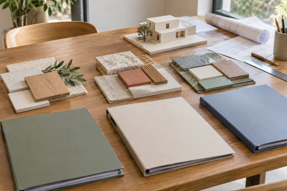 Plans, maquette et matériaux sur une table de consultation pour le dossier « Comparer les propositions »