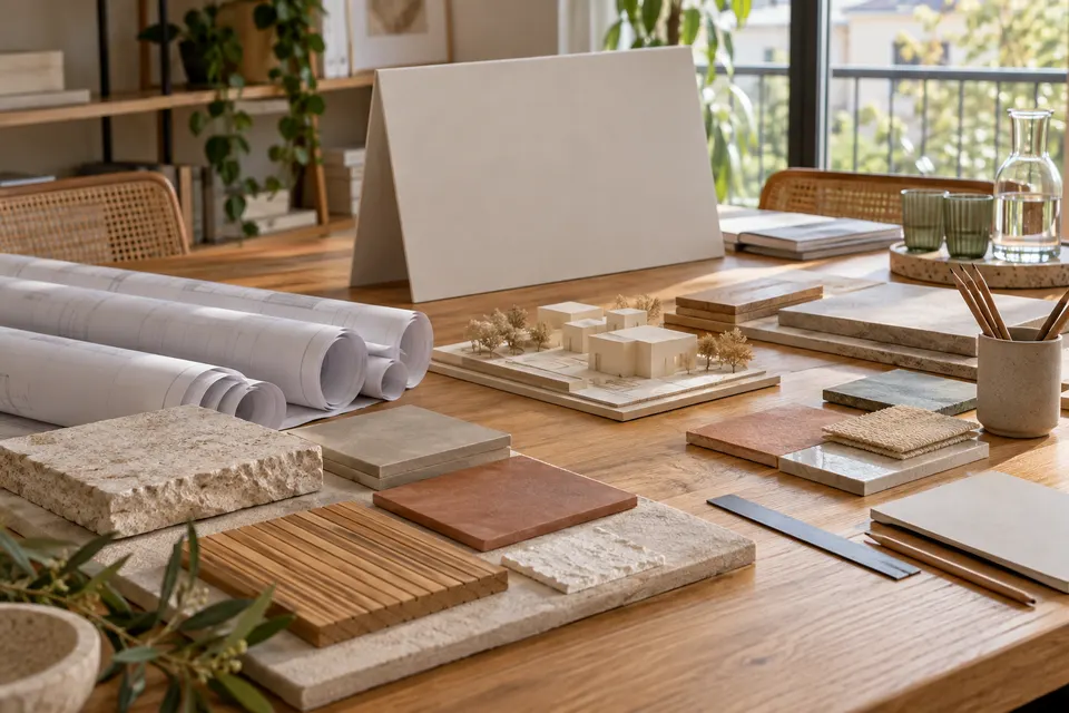 Plans, maquette et matériaux sur une table de consultation pour le dossier « Préparer et conduire la consultation »