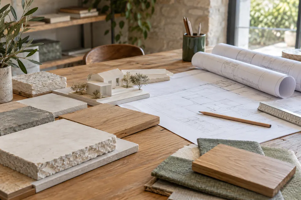 Plans, maquette et matériaux sur une table de consultation pour le dossier « Trouver les bons interlocuteurs »