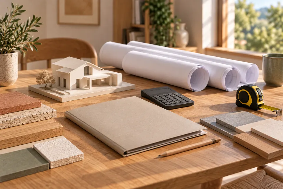 Plans, maquette et matériaux sur une table de consultation pour le dossier « Vérifications sur l’entreprise »