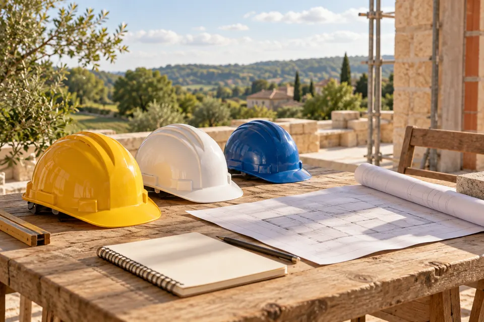 Casques de chantier, plan et carnet sur une table