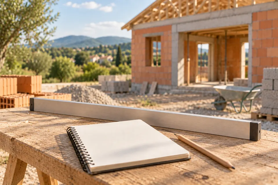 Carnet de suivi vierge devant un chantier de maison