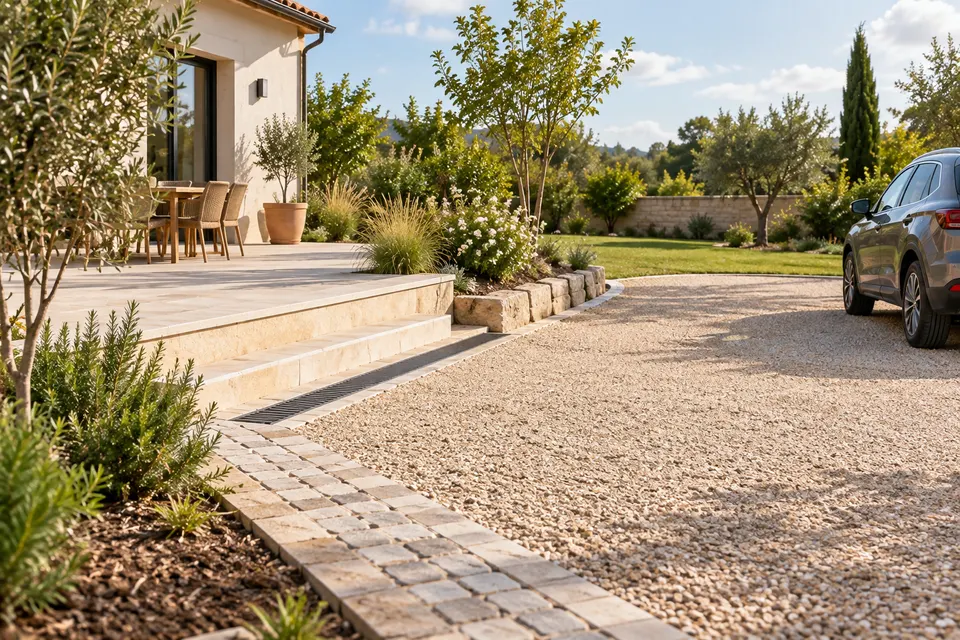 Accès et jardin en cours d’aménagement autour d’une maison pour le dossier « Accès, stationnement et terrasses »