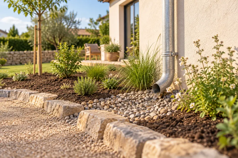 Accès et jardin en cours d’aménagement autour d’une maison pour le dossier « Eau de pluie et sols extérieurs »