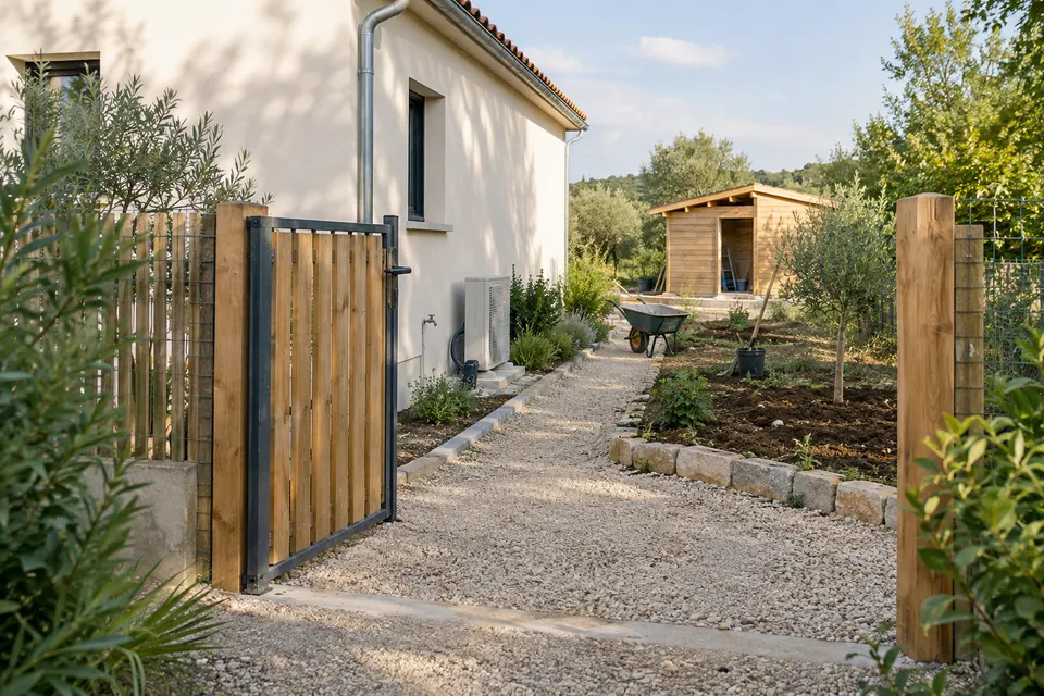 Accès et jardin en cours d’aménagement autour d’une maison pour le dossier « Clôtures, jardin et annexes »