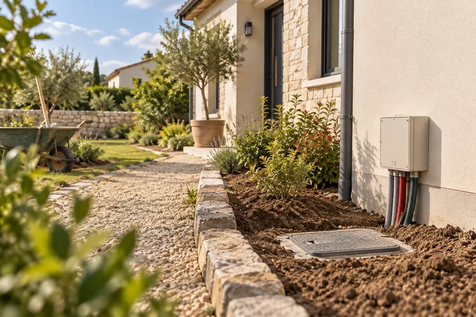 Accès et jardin en cours d’aménagement autour d’une maison pour le dossier « Raccorder la maison »