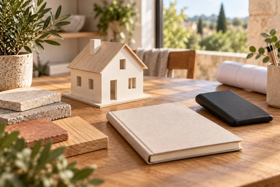 Maquette de maison et calculatrice sur une table pour le dossier « Prêts aidés et aides mobilisables »