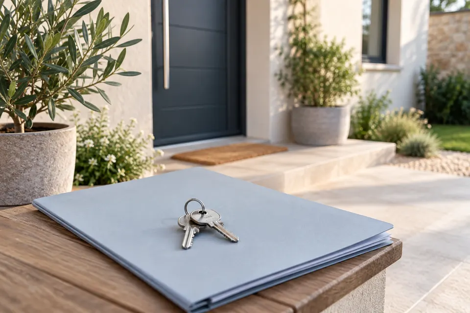 Clés et dossier vierge devant la porte d’une maison