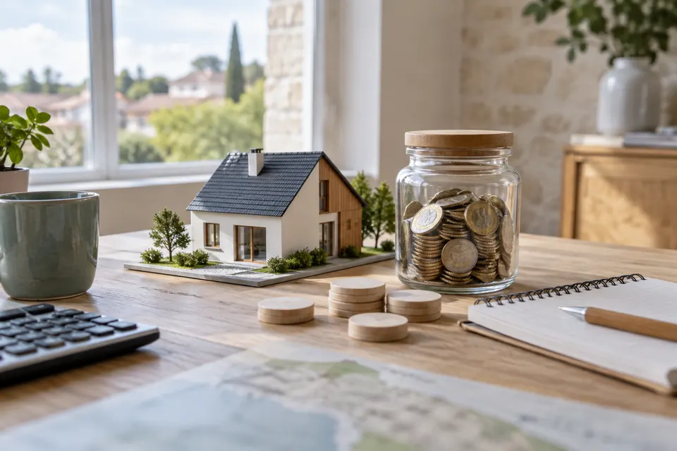Maquette de maison près d’un bocal de pièces et de jetons de bois