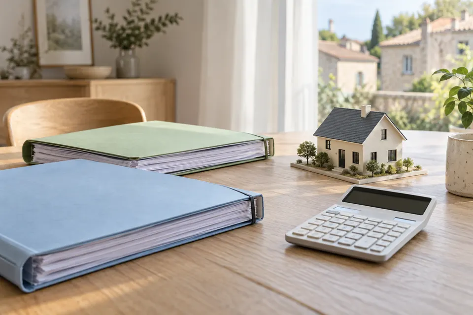 Deux dossiers vierges, une calculatrice et une maquette de maison sur une table