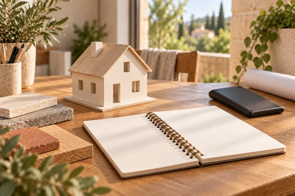 Maquette de maison et calculatrice sur une table pour le dossier « Financements selon la situation »