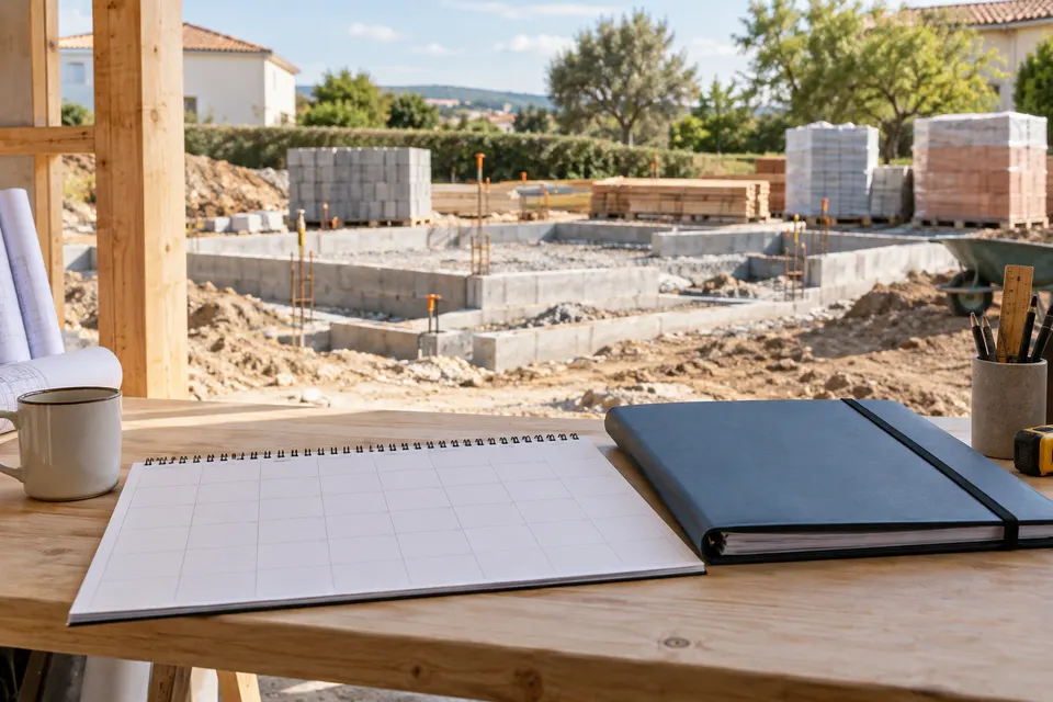 Chantier en fondation, calendrier de projet vierge et dossier sur une table