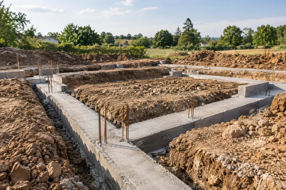 Structure d’une maison en cours de construction pour le dossier « Fondations et infrastructure »
