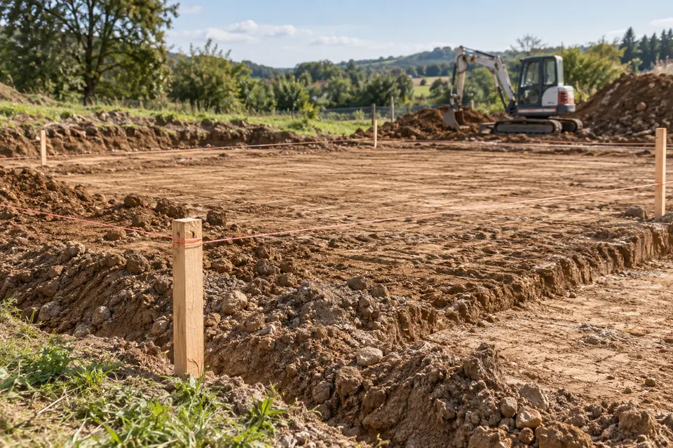 Structure d’une maison en cours de construction pour le dossier « Préparer le terrain et les fondations »