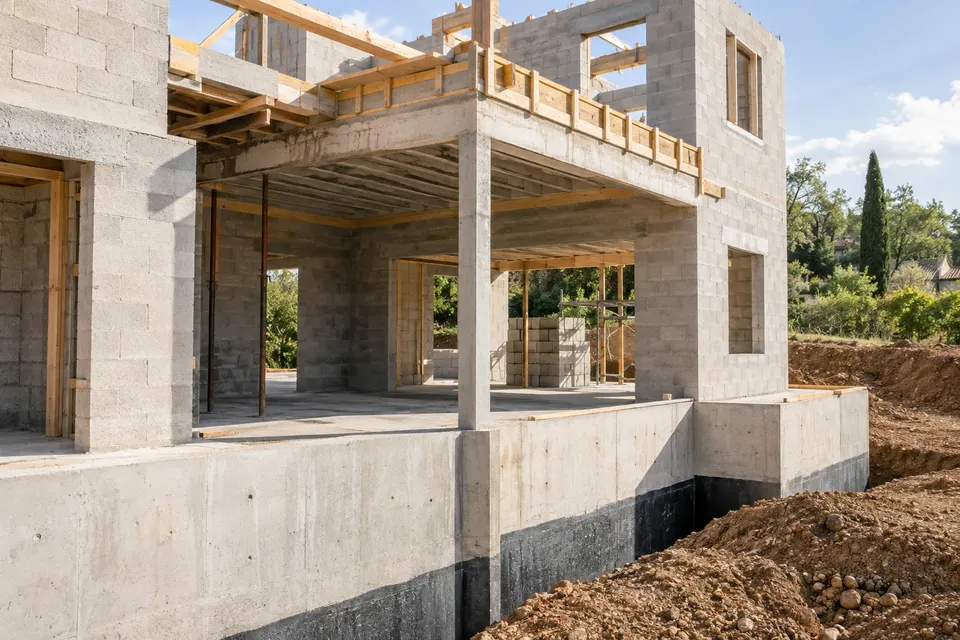 Structure d’une maison en cours de construction pour le dossier « Murs, planchers et stabilité »