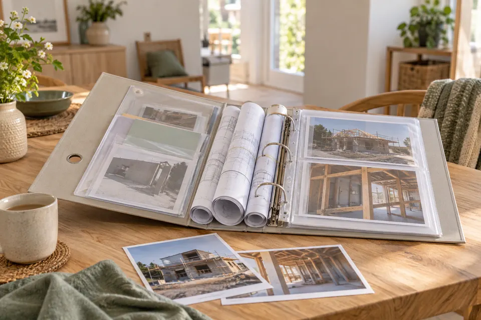 Plans et photos de chantier classés dans un dossier de maison