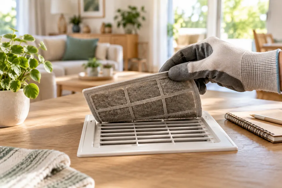 Filtre de ventilation examiné près d’un carnet d’entretien