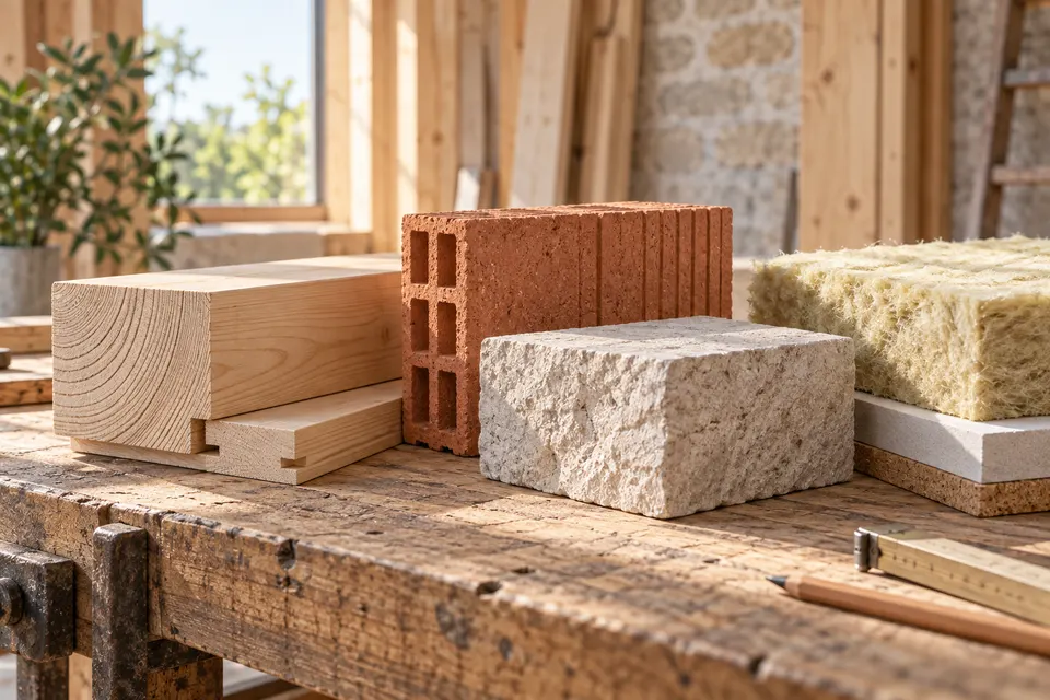 Échantillons de matériaux de construction sur un établi pour le dossier « Matériaux porteurs et systèmes »