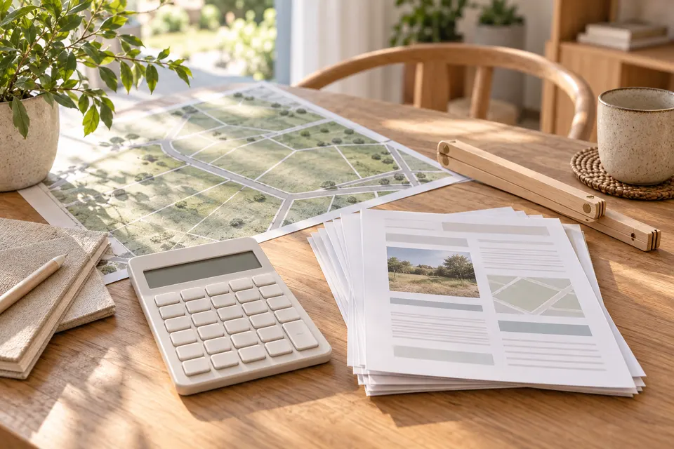 Fiches de transactions, calculatrice et plan de terrain