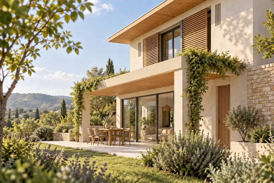 Maison avec protection solaire et ventilation pour le dossier « Consommations et coût d’usage »