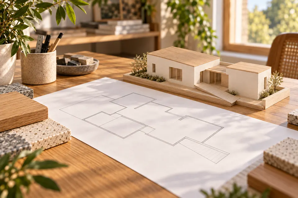 Plan de maison et maquette de volumes pour le dossier « Accessibilité et adaptabilité du plan »