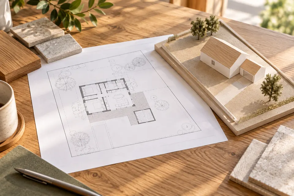 Plan de maison et maquette de volumes pour le dossier « Implanter la maison sur la parcelle »