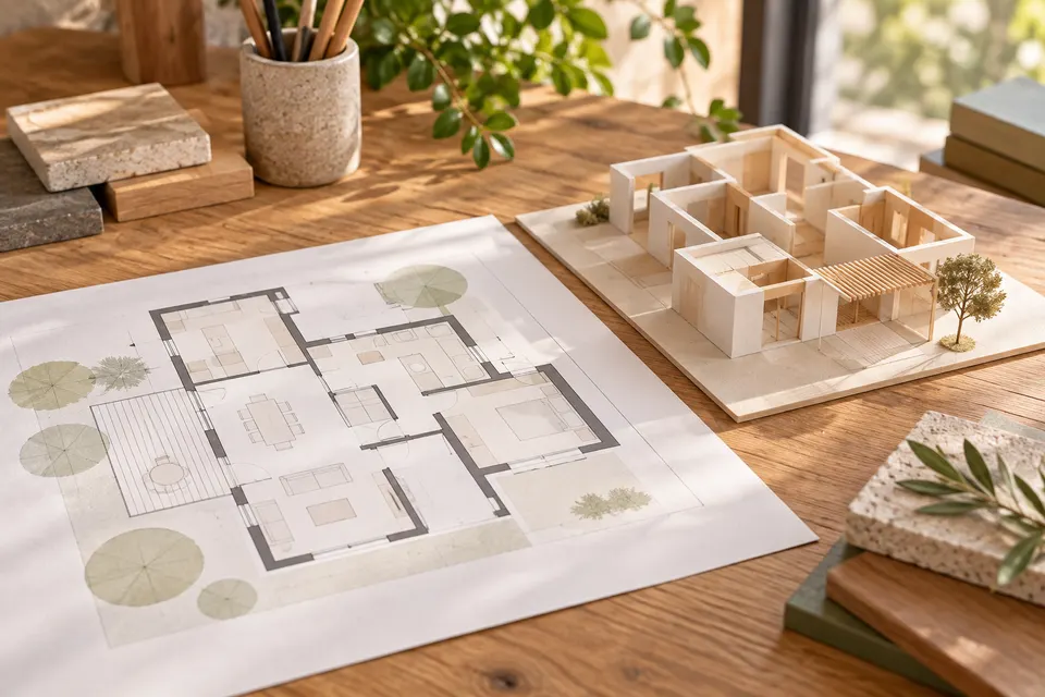 Plan de maison et maquette de volumes pour le dossier « Composer les pièces et les usages »