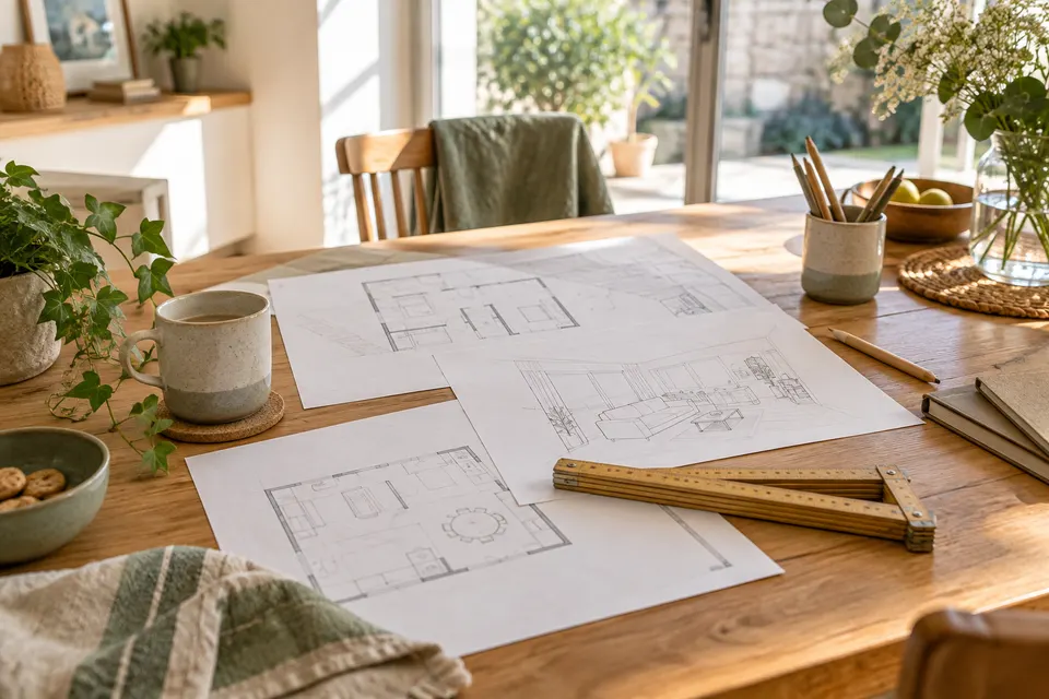 Croquis de pièces, objets du quotidien et mètre pliant