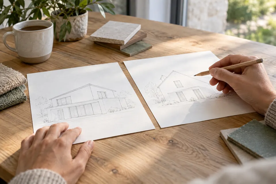 Mains comparant deux esquisses de maison