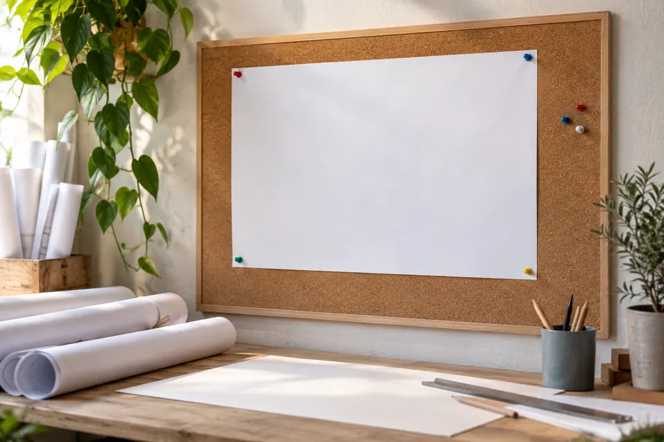 Planning vierge, épingles et plans roulés
