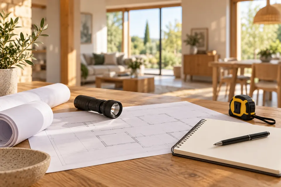 Plan, lampe et carnet préparés avant réception