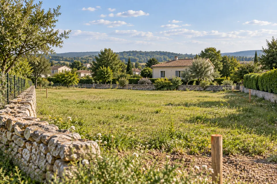 Parcelle constructible avec maison au loin pour le dossier « Limites, servitudes et division »