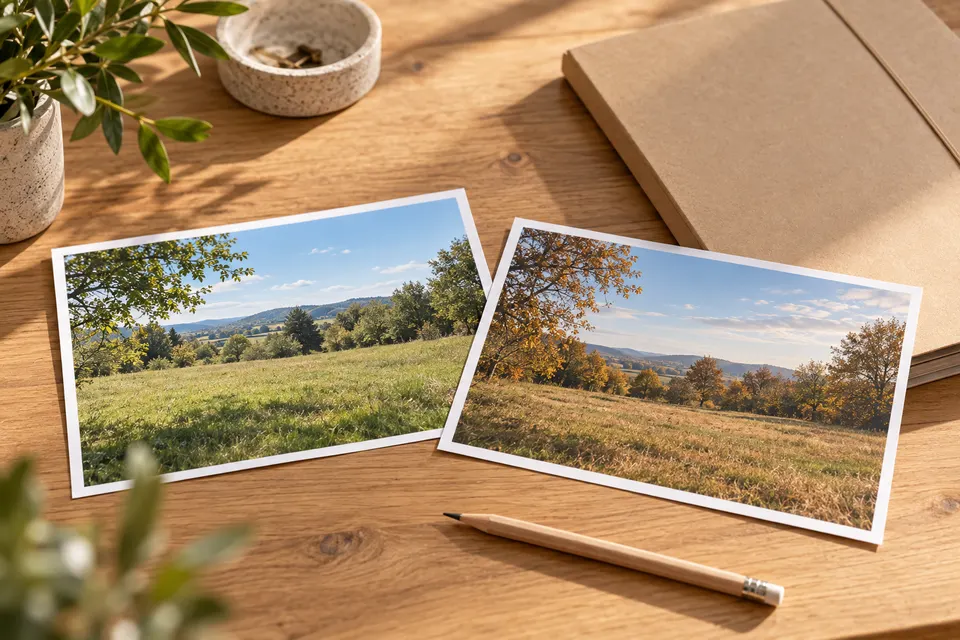Deux photographies d'un terrain posées à côté d'un dossier fermé