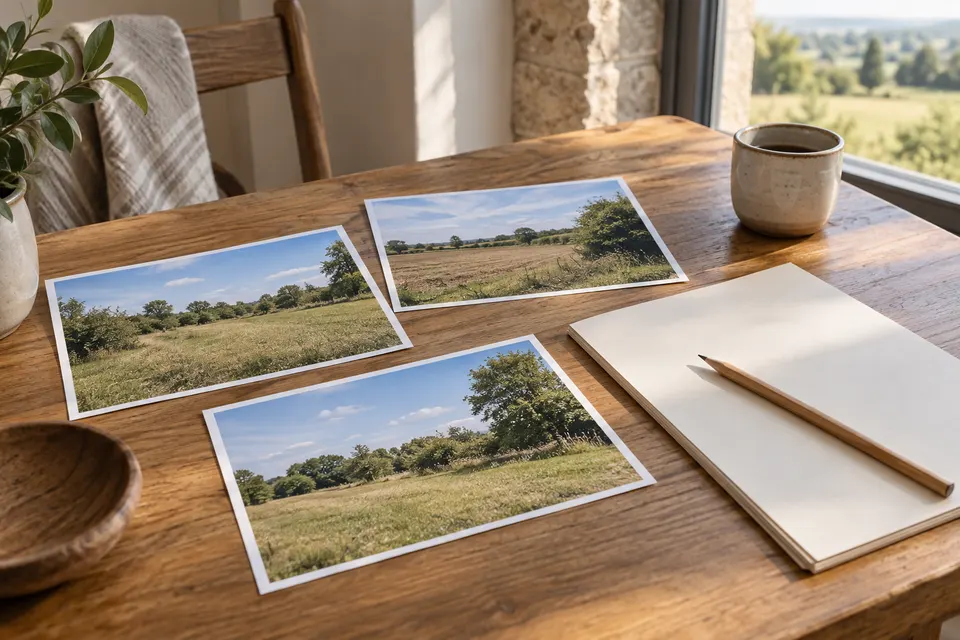 Photographies de terrains et feuilles vierges réunies pour une comparaison