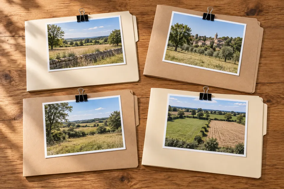 Photographies de parcelles regroupées avec leurs dossiers de vente