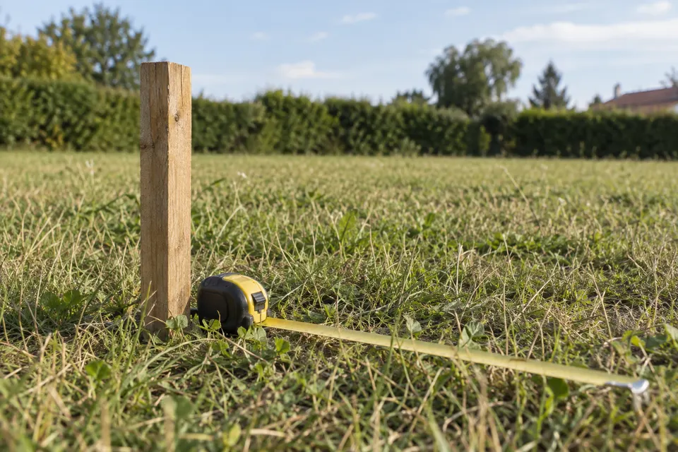 Mètre ruban et piquet dans l'herbe d'un terrain